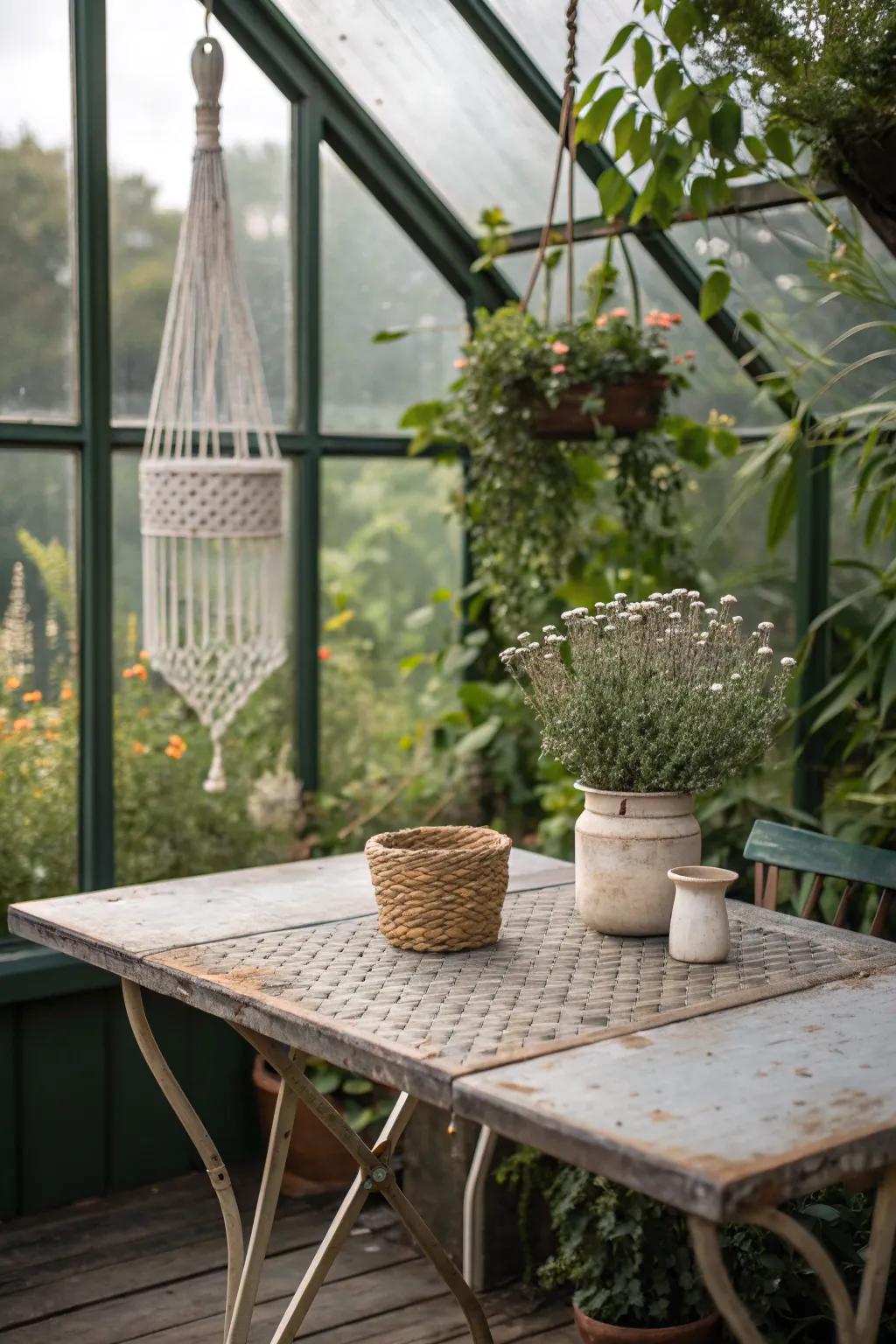 Industrial elegance meets nature: A weathered metal table transforms your greenhouse into a chic oasis.