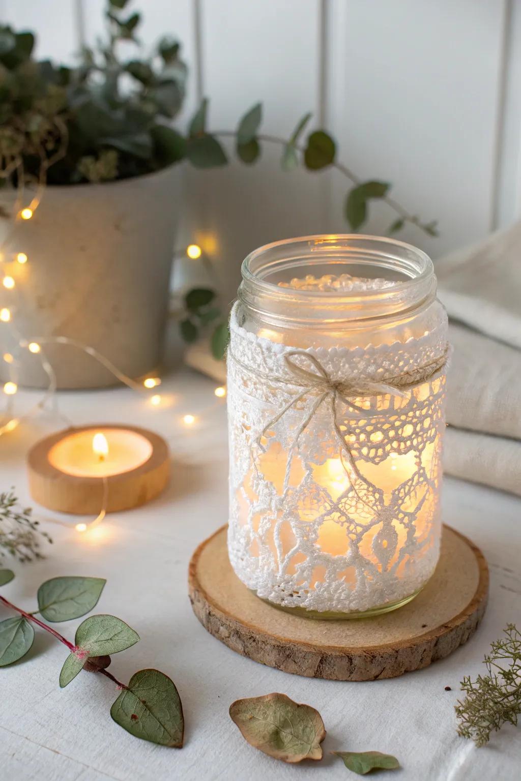Elevate your Halloween decor with ghostly elegance: Lace-wrapped Mason jars that glow with timeless beauty.