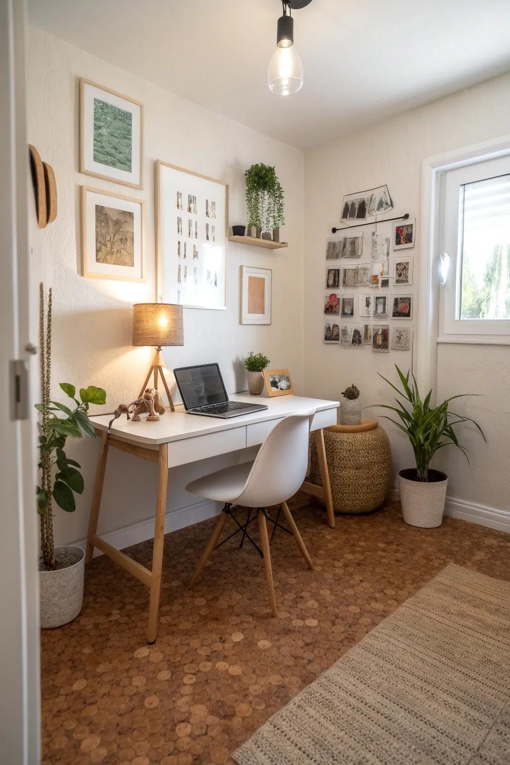 Cork tiles offer sound-absorbing comfort for a peaceful office.