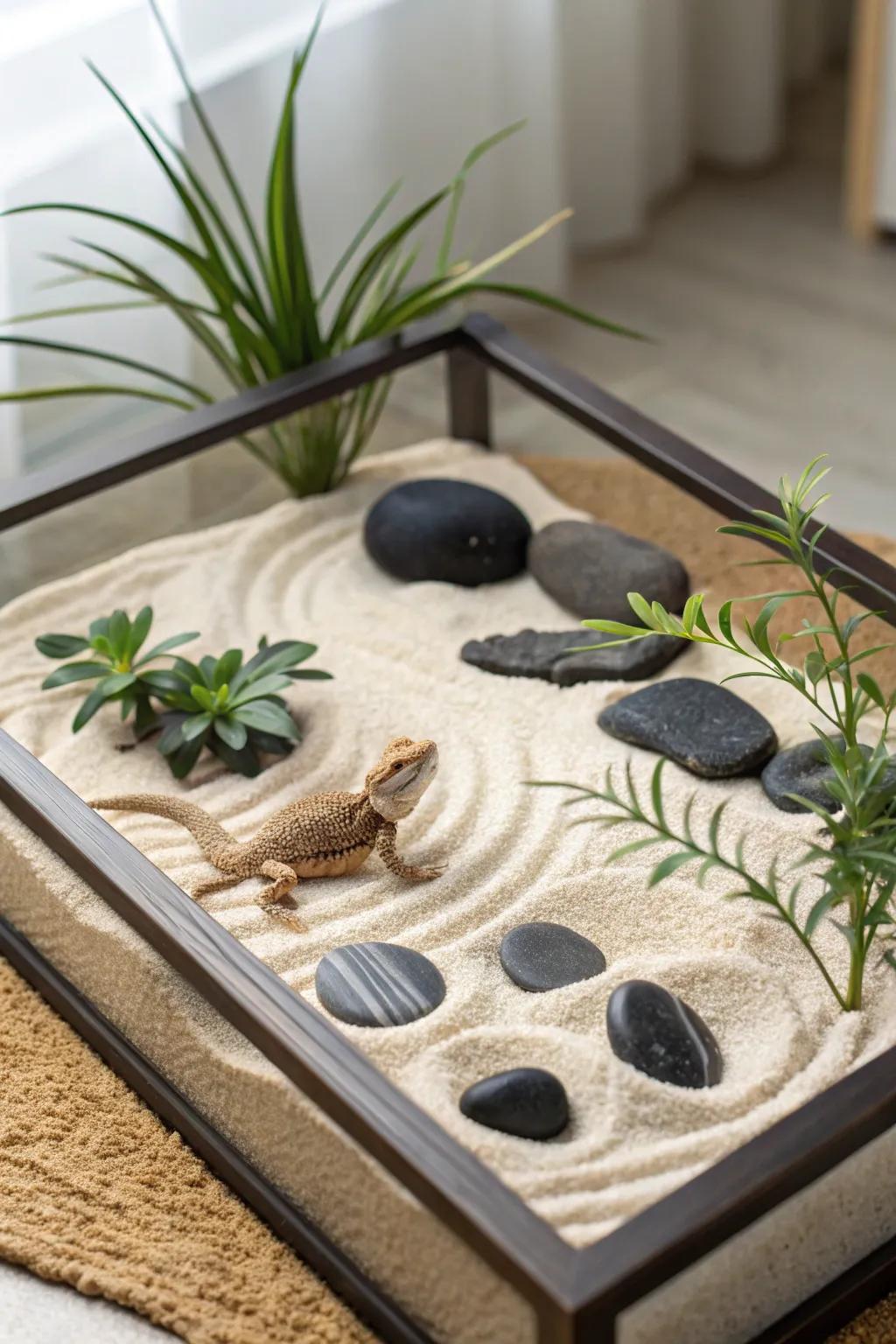 Create tranquility in your bearded dragon's home with a serene Zen garden touch. Perfect for those who love Scandinavian minimalism with a Boho flair!