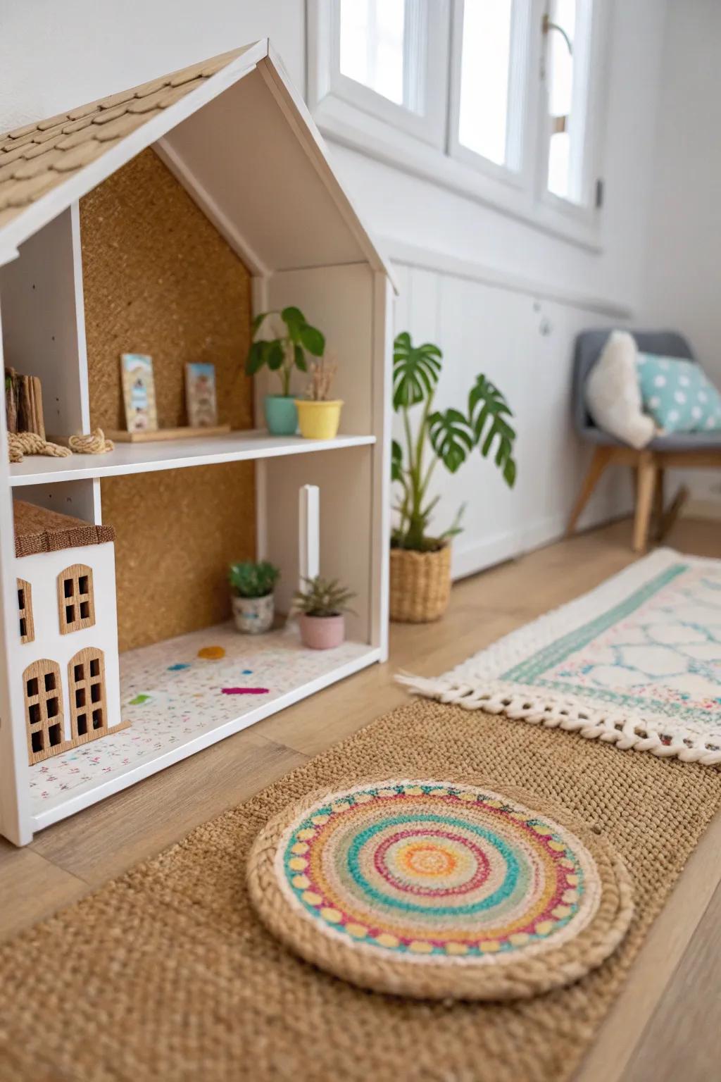 Transform your dollhouse with cozy cork board floors for a touch of warmth and style.