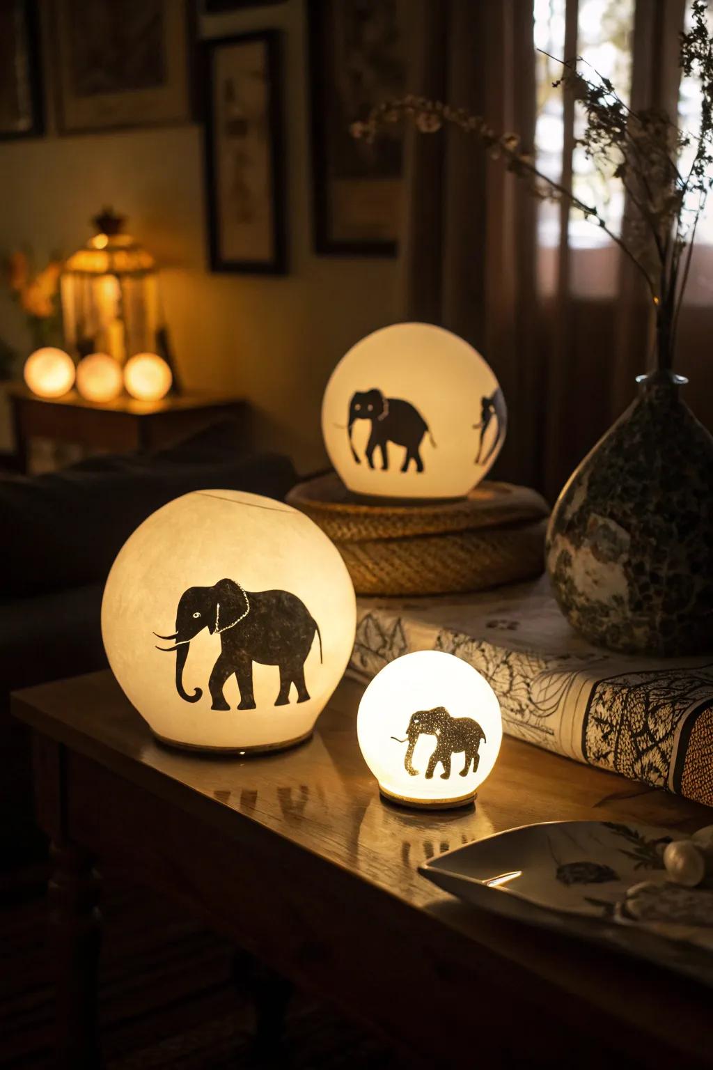 Magical glowing elephant orb centerpiece.