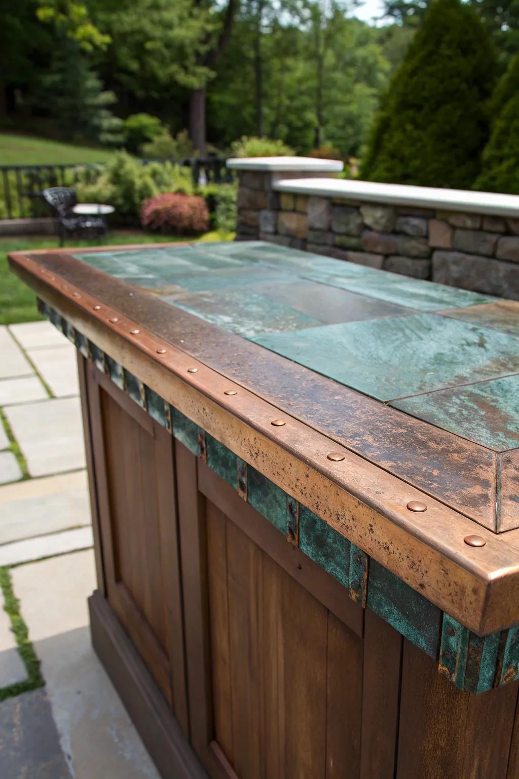 Discover the rustic elegance of weathered copper accents for your outdoor bar.