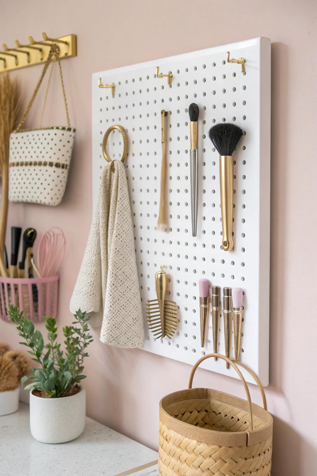 Elevate your beauty routine with a chic pegboard organizer: where style meets functionality.
