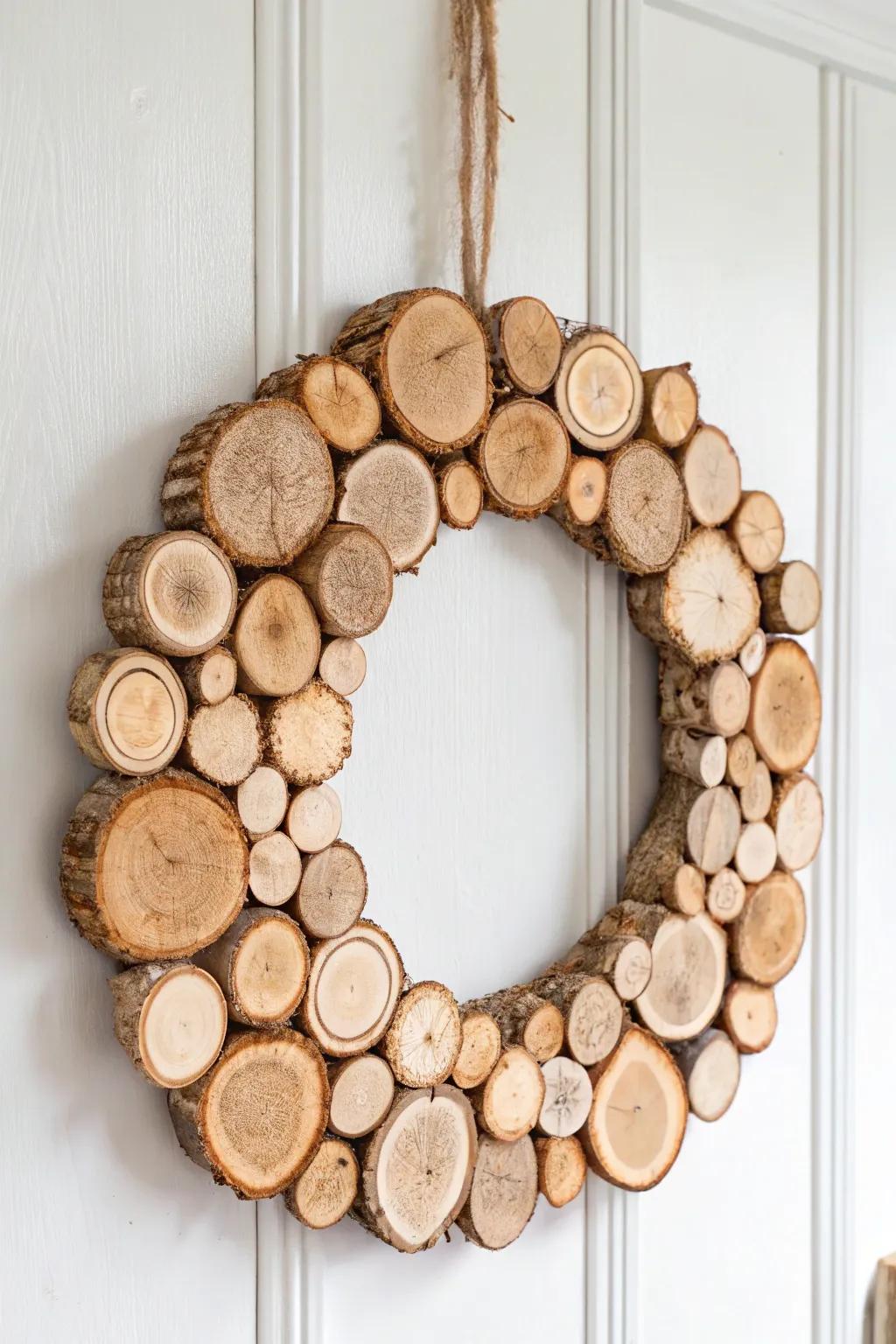 Embrace natural beauty with a rustic wood slice wreath, perfect for adding a touch of outdoor charm to your home.