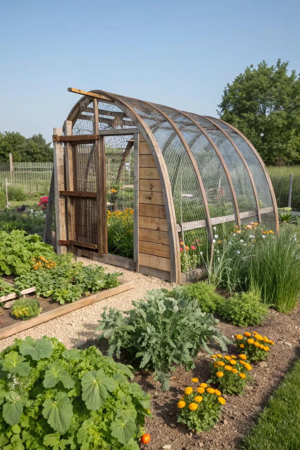 Effortless blend of nature and craftsmanship: A hoop coop nestled in garden paradise.