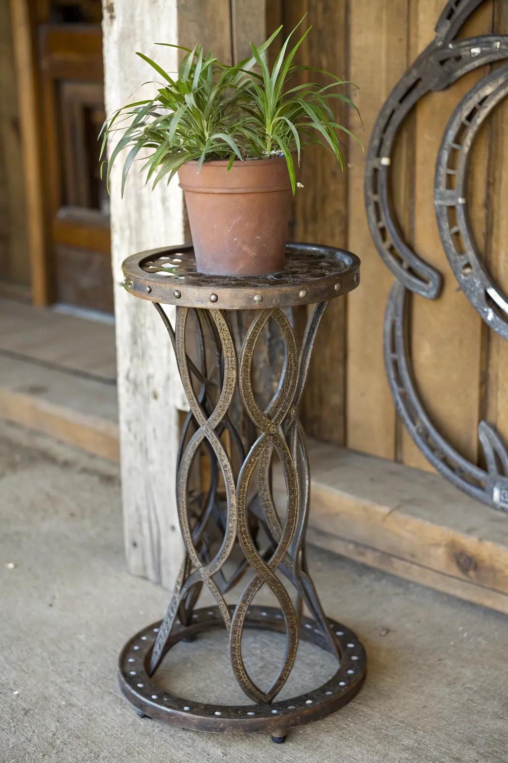 Elevate your greenery with a handcrafted horseshoe plant stand that merges rustic charm with artistic flair.