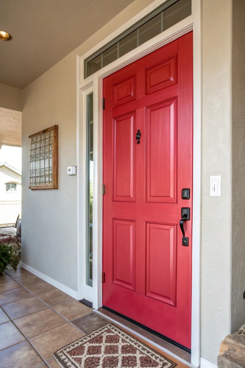 Entryway enhanced by a boldly painted front door.