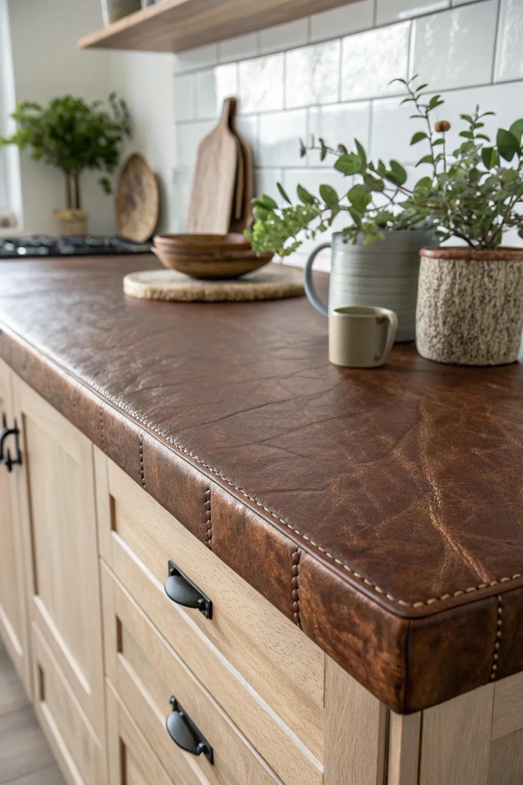 Elevate your kitchen with the luxurious warmth of leather countertops—where craftsmanship meets minimalist elegance.