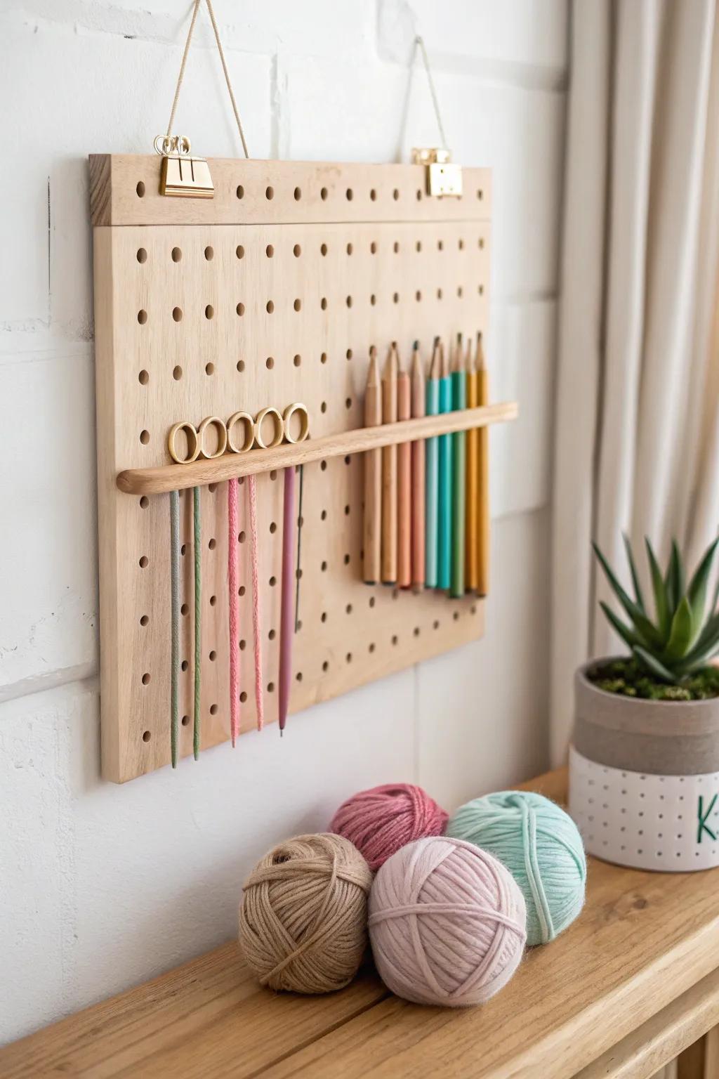 Elevate your knitting space with a chic DIY wall organizer—a perfect blend of function and Scandinavian elegance.