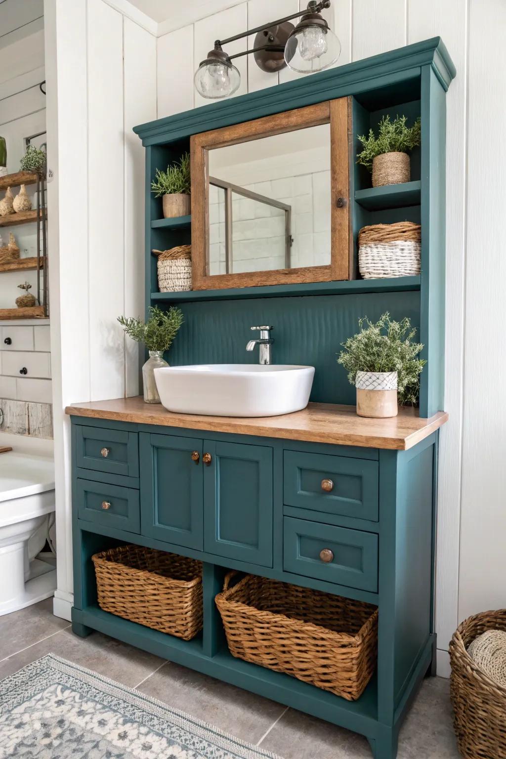 Transform your space with a stunning bathroom vanity conversion from a vintage hutch – a perfect blend of Scandinavian simplicity and Boho charm!