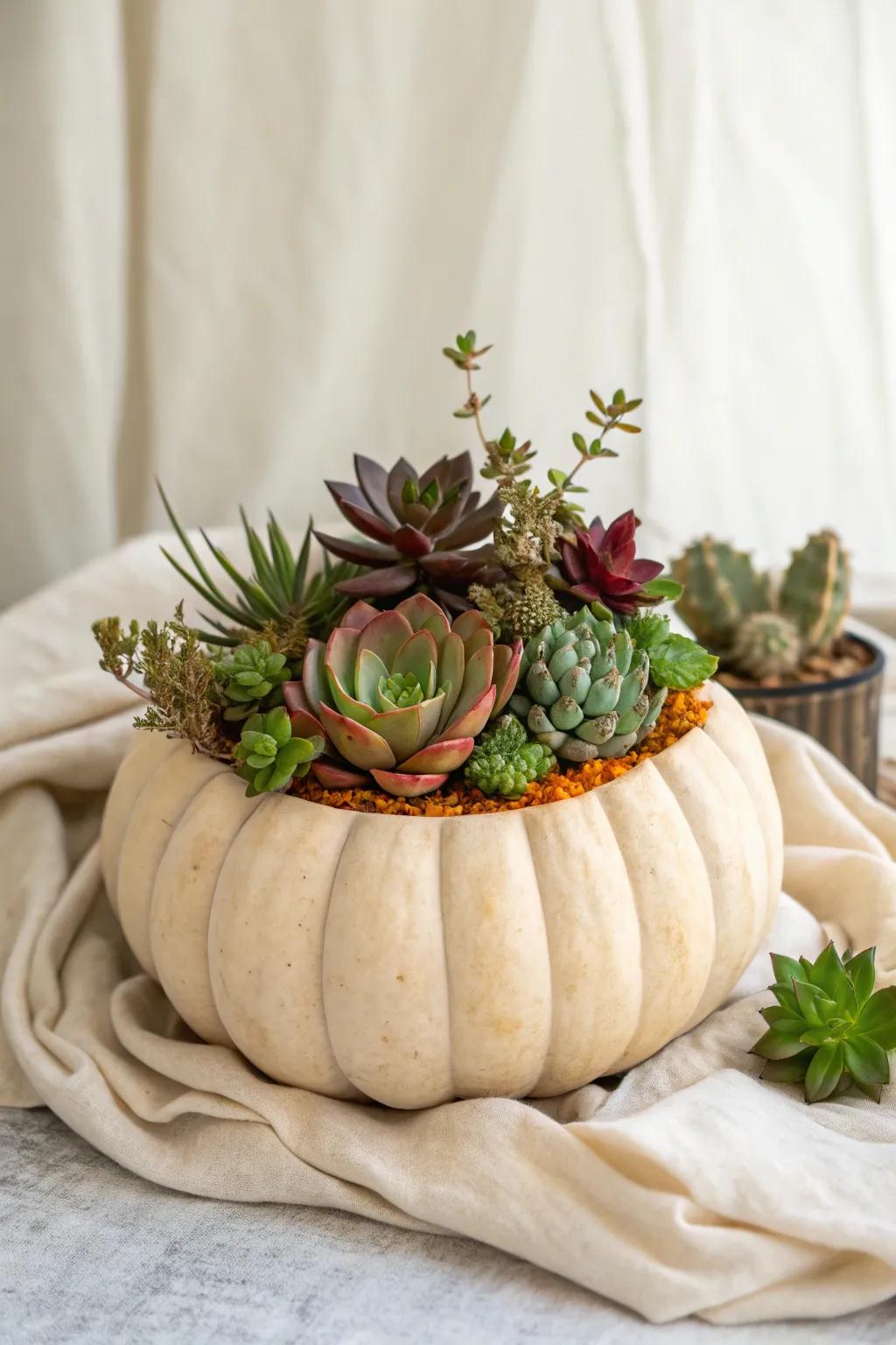 Elevate your autumn decor with a chic pumpkin planter, where nature meets artistry.