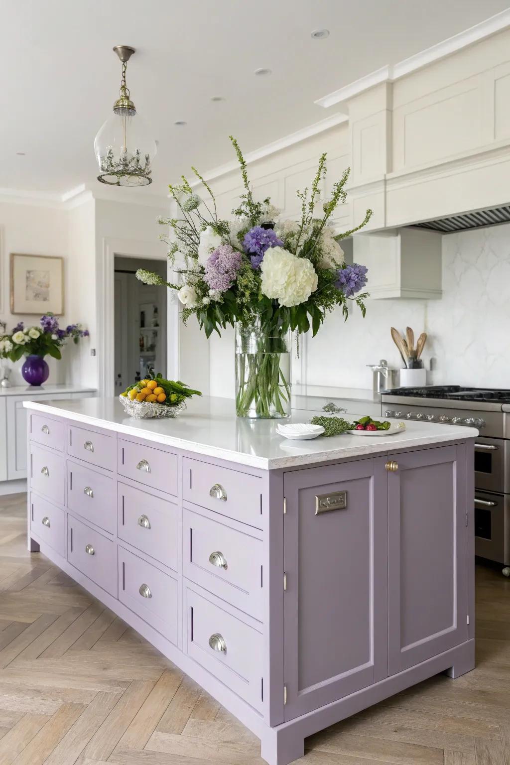 A lavender kitchen island adds a touch of calm and elegance to the kitchen environment.