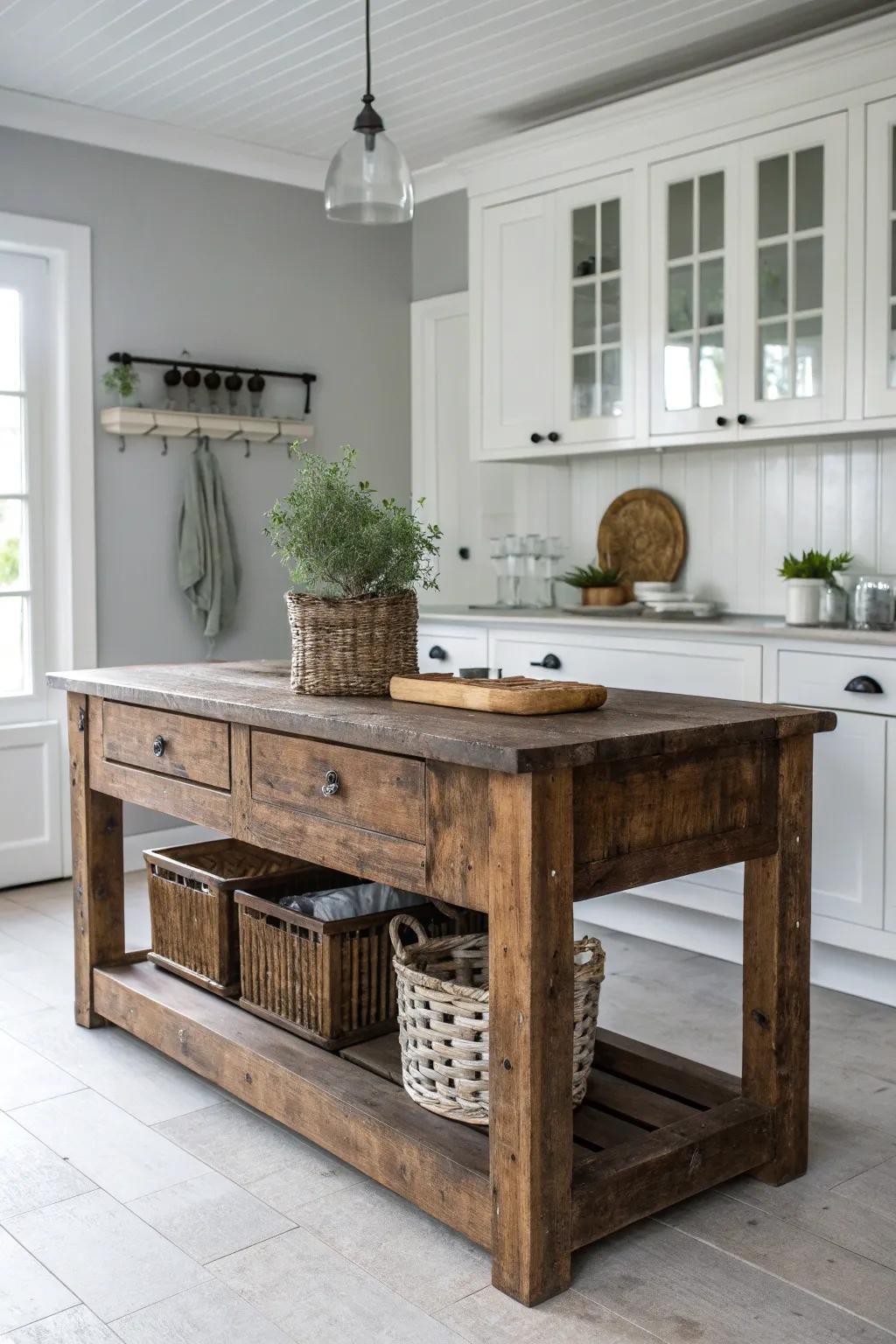 Transform your kitchen with the charm of a repurposed vintage workbench as a stunning island centerpiece.