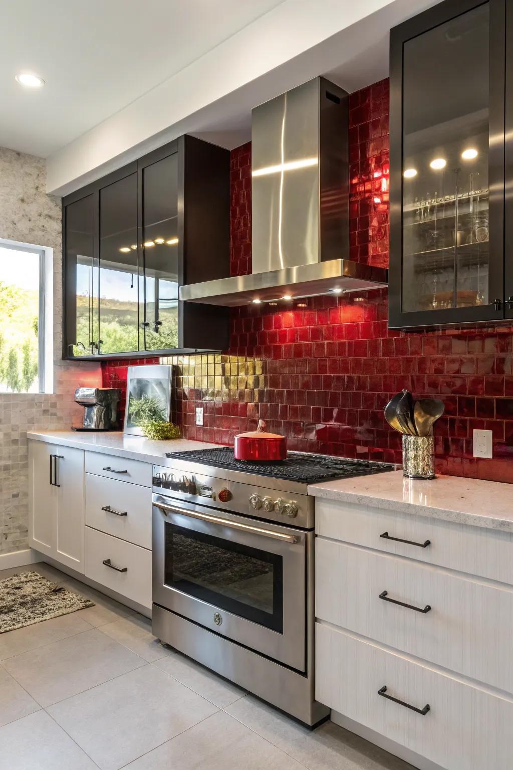 A statement backsplash adds drama and reflects light in a windowless kitchen.