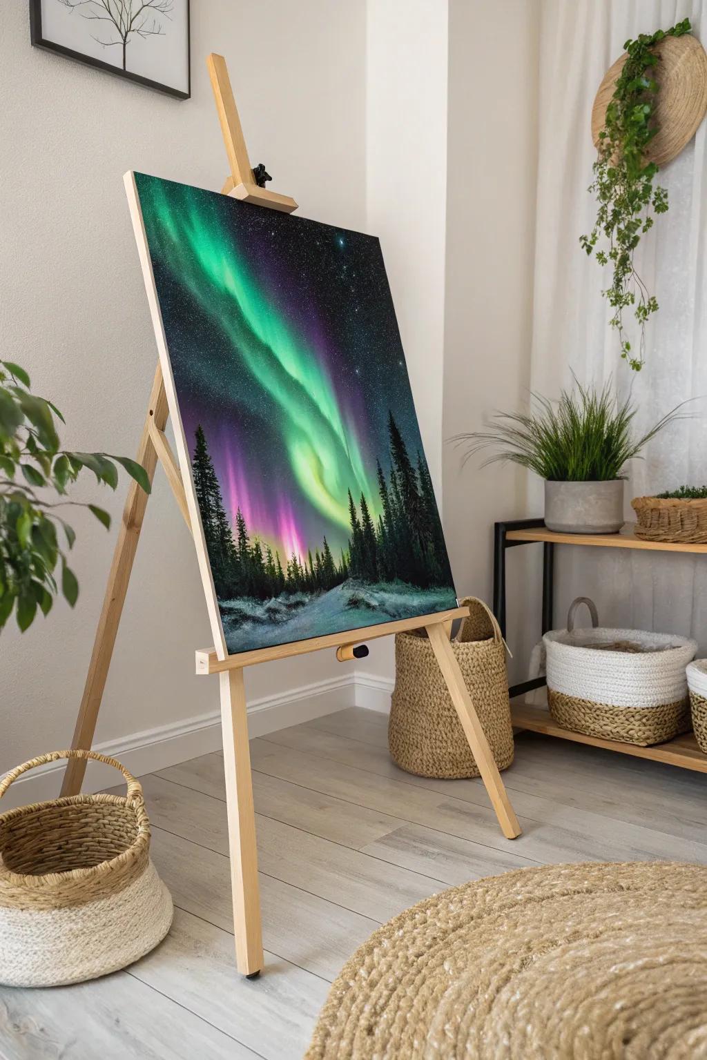 Capture the dreamlike beauty of the Northern Lights with bold colors and minimalist charm.
