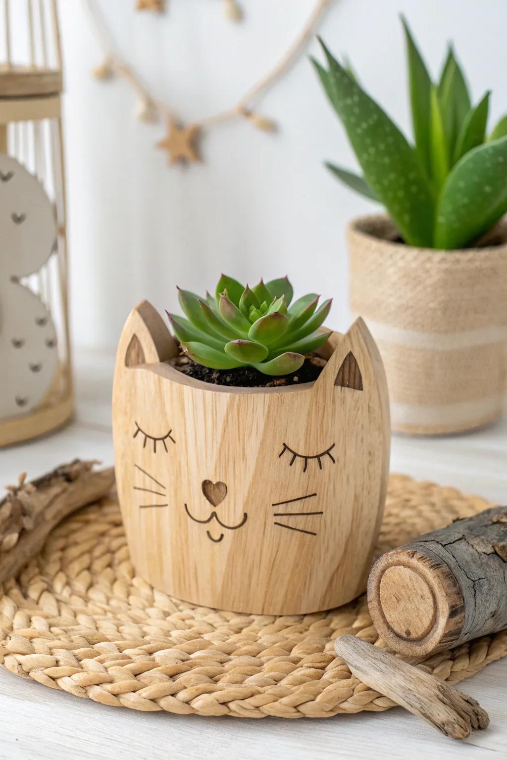 Add a touch of whimsy and nature to your space with this charming cat-shaped wooden planter. Perfect for succulent lovers!