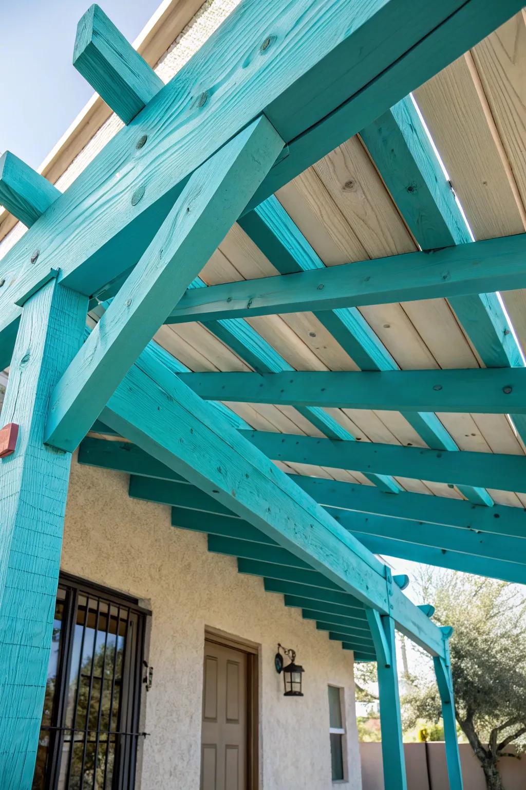 Transform your patio with bold turquoise beams for a vibrant, handcrafted touch.