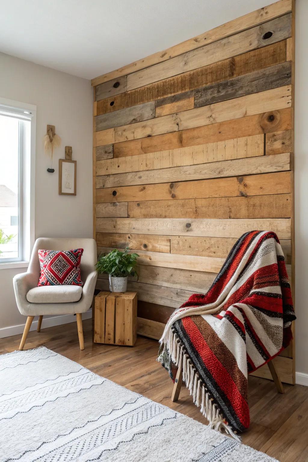 Transform your space with eco-friendly elegance: a reclaimed pallet wall for a sustainable and stylish living room.