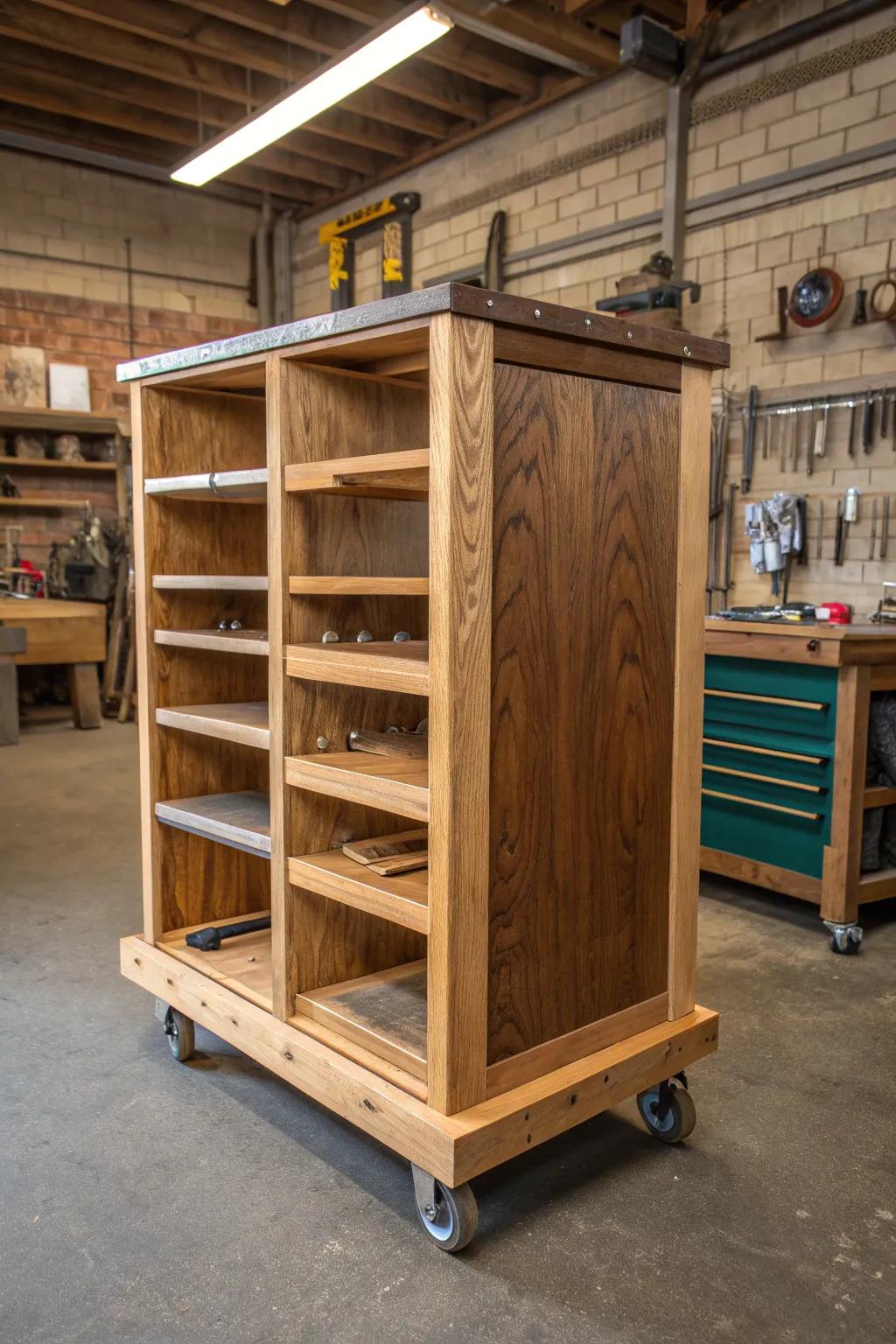 Masterfully Crafted: The Perfect Compact Lumber Cart for Your Workshop.