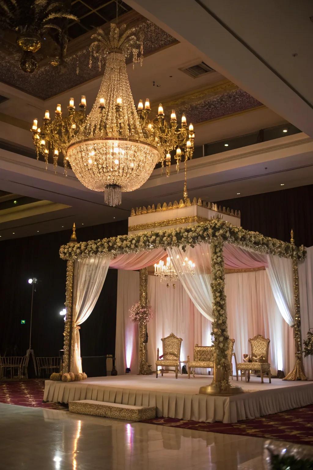 Chandelier lighting adds elegance and glamour to a mandap.