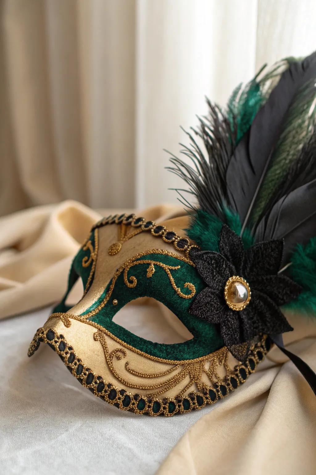 Embrace the allure of textures with this elegantly crafted Mardi Gras mask, where velvet, satin, and lace unite in perfect harmony.