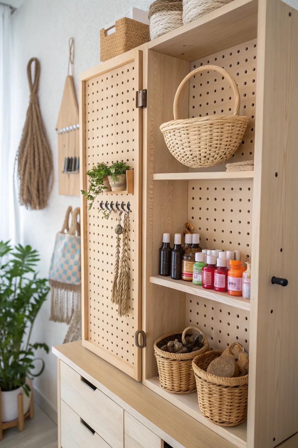 Transform your cabinet door with a chic and functional pegboard organizer that embodies Scandinavian simplicity with a Boho twist.