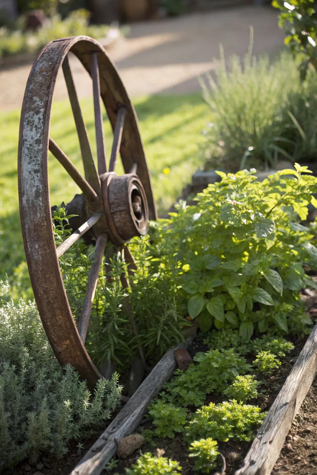 Transform your herb garden with rustic charm using vintage metal wagon wheels as stylish dividers.