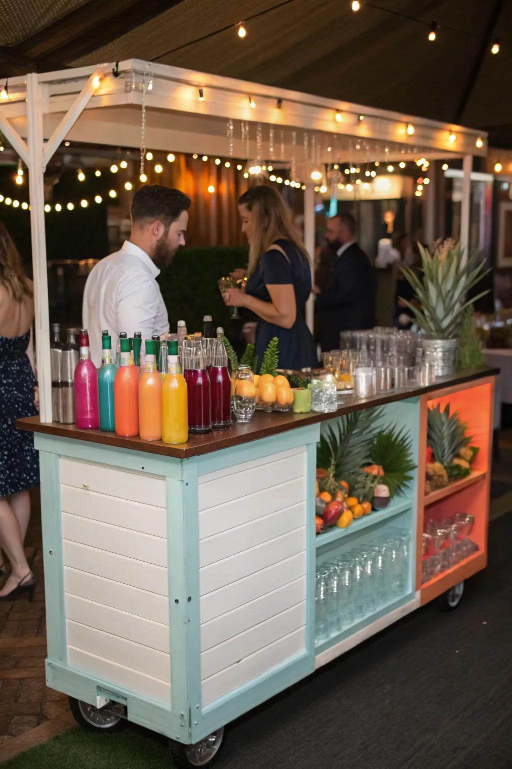 An interactive cocktail station adds a fun element to this mobile bar.