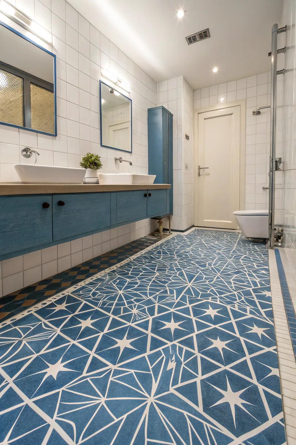 Geometric blue floor tiles provide stunning contrast and contemporary appeal.