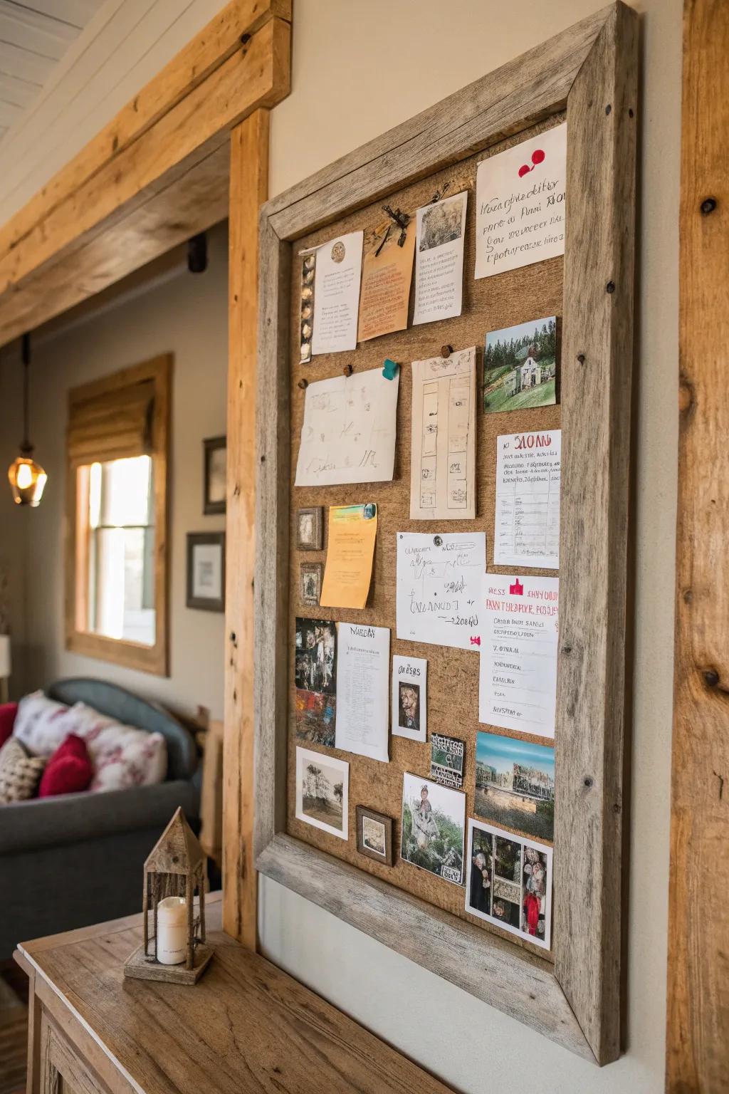 Reclaimed wood frames add warmth and rustic charm to bulletin boards.