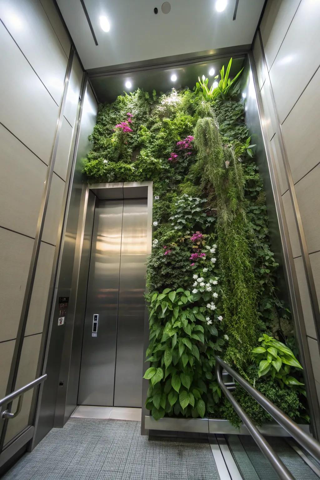An elevator interior featuring a vertical garden for a refreshing ambiance.