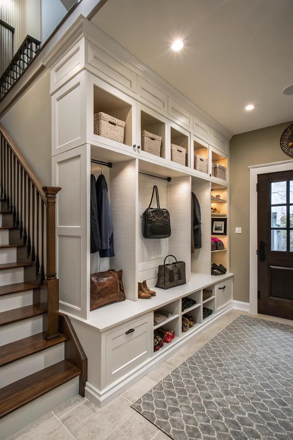 Creative storage solutions keep this modern foyer organized and tidy.