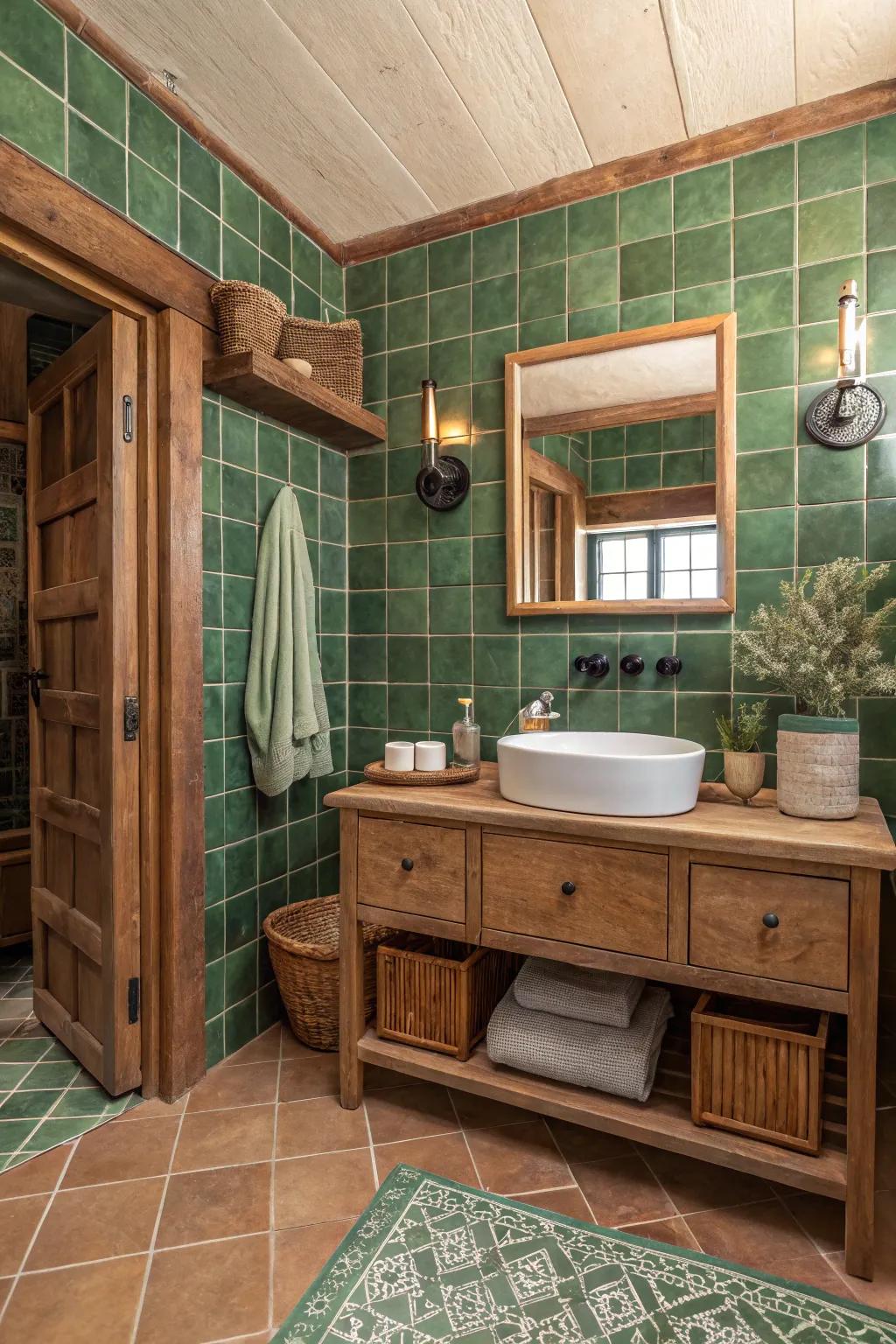Rustic charm with green terracotta tiles.