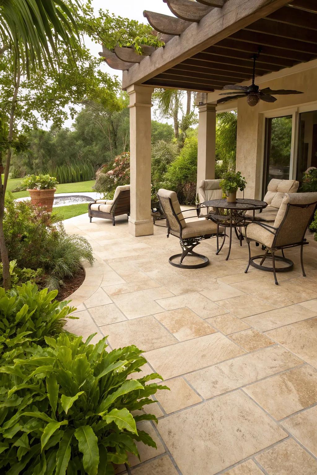 Travertine tiles add Mediterranean elegance to patios.