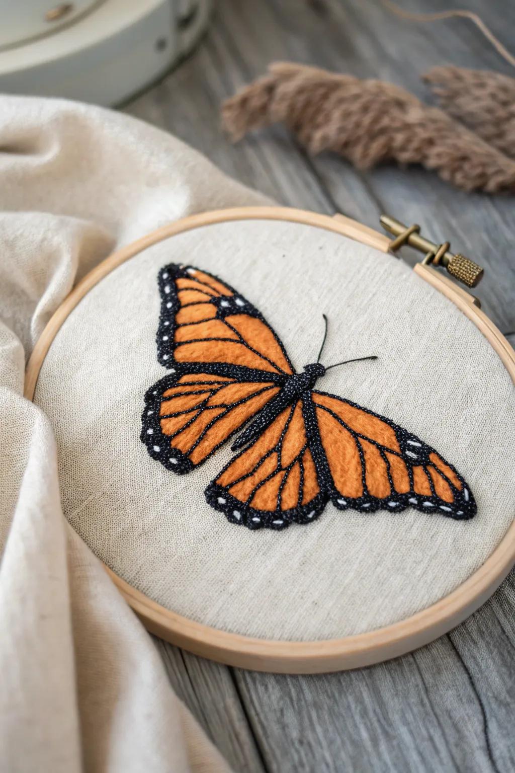 Embrace the art of simplicity with this beautifully handcrafted butterfly embroidery hoop, a perfect blend of elegance and creativity.