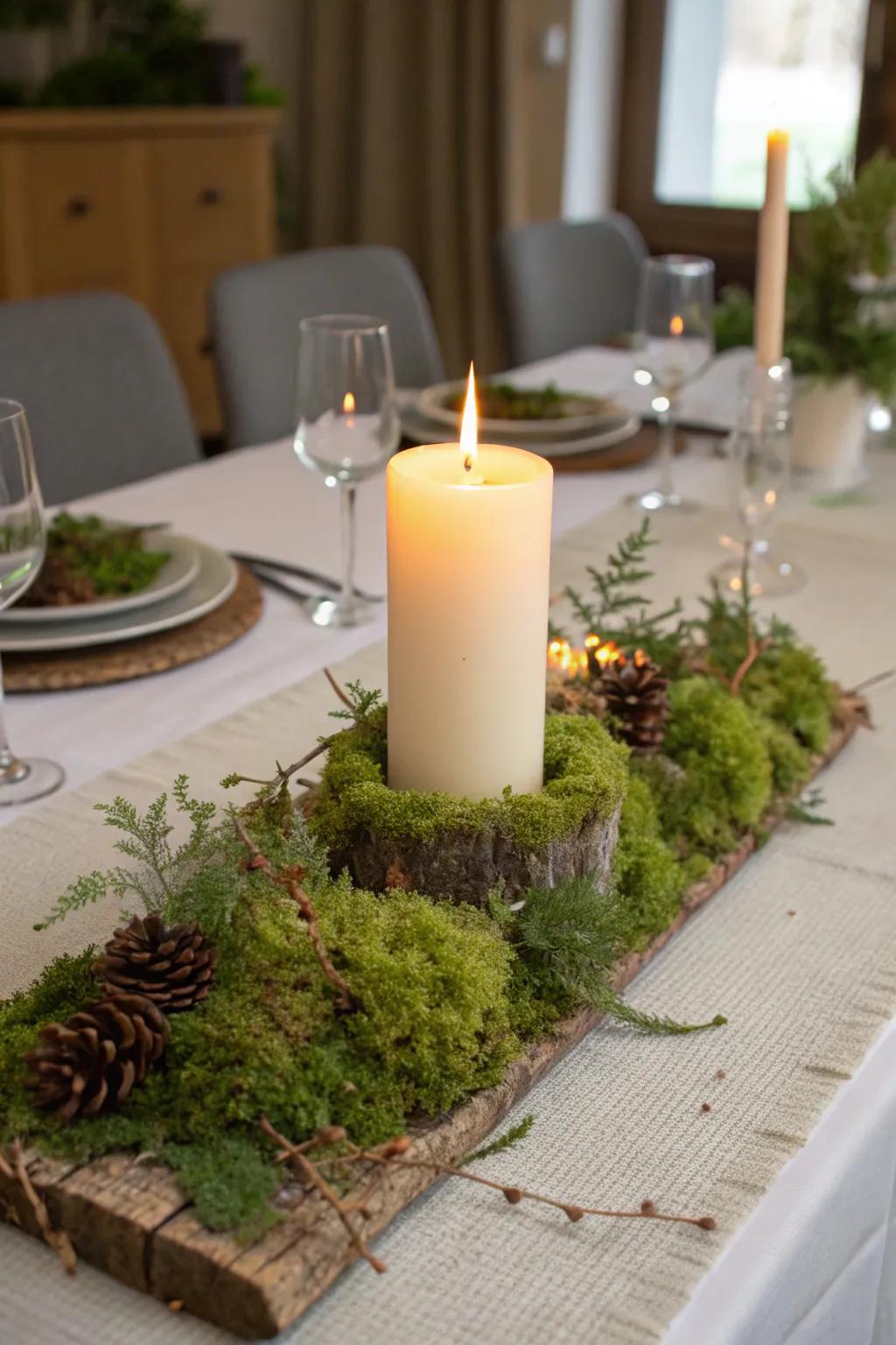A cozy candle centerpiece with a lush moss base.