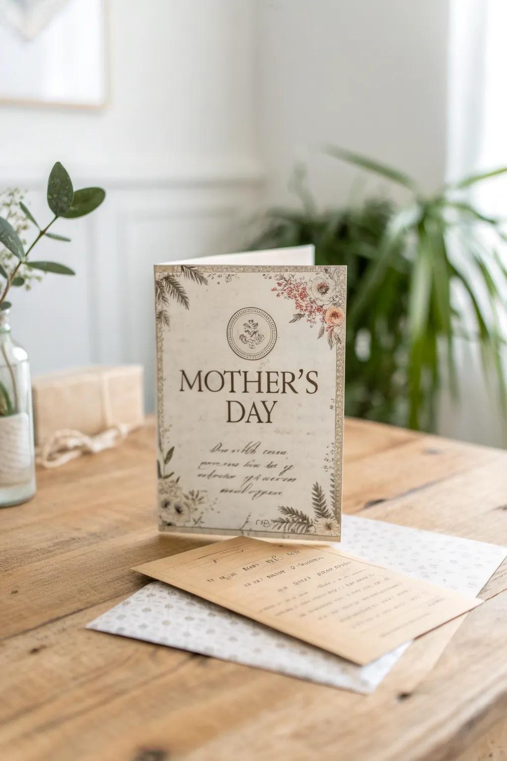 Timeless elegance meets modern simplicity: a vintage postcard-style Mother's Day card perfect for teachers.