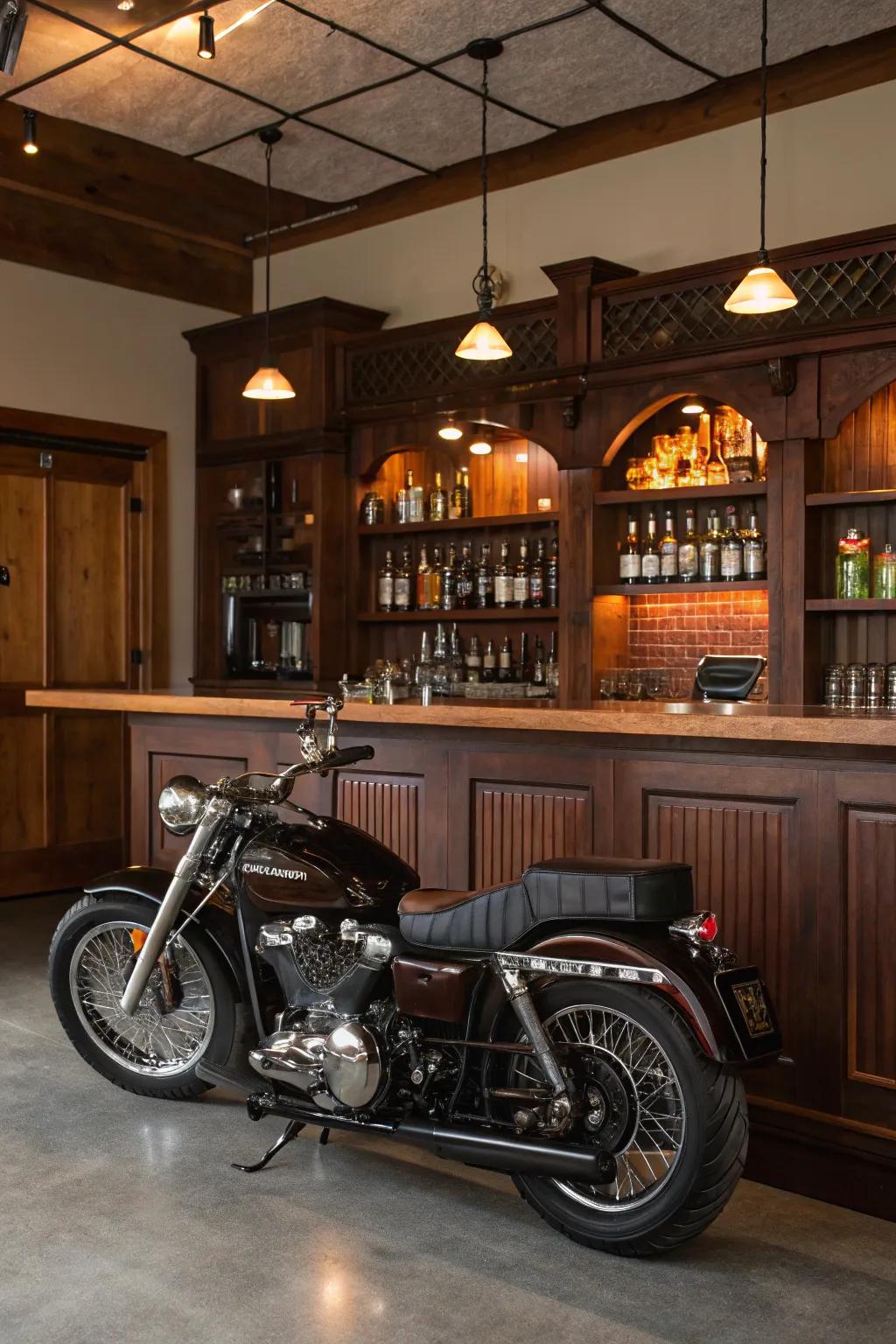 Ride, relax, repeat: the perfect garage bar setup for motorcycle enthusiasts.