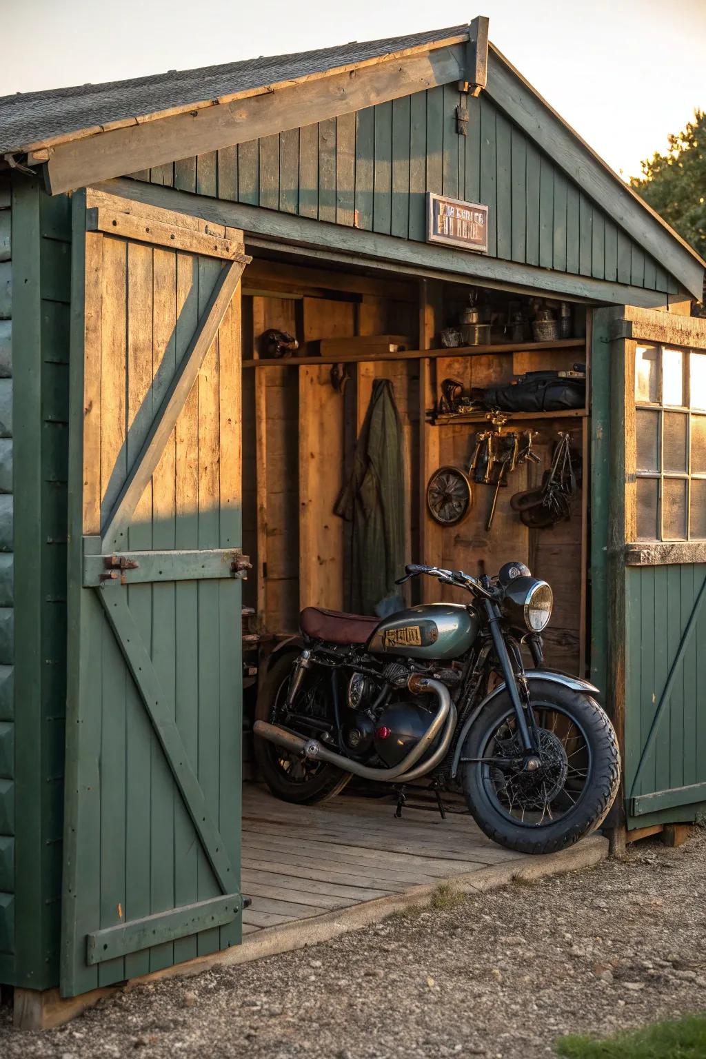 Step back in time with a vintage motorcycle shed that embodies timeless craftsmanship and classic charm.