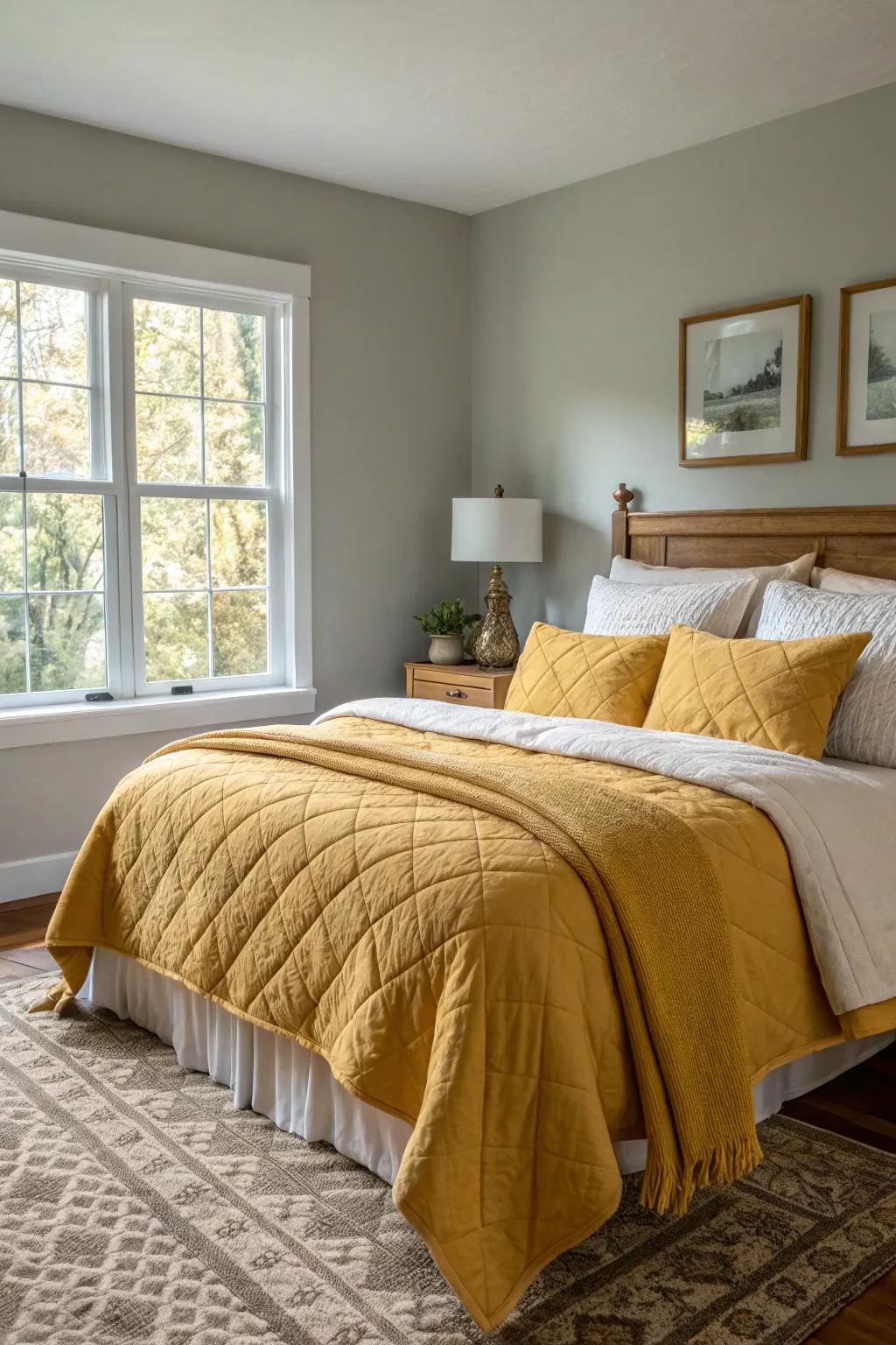 A versatile bedroom with mustard bedding, ready for any season.