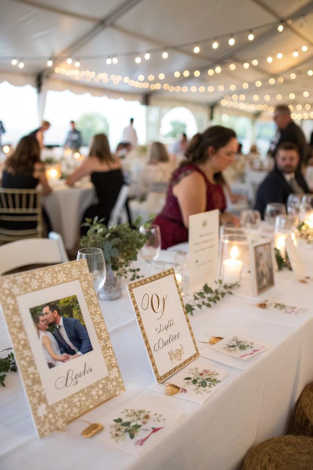 Personalized table names with stories add a sentimental touch.