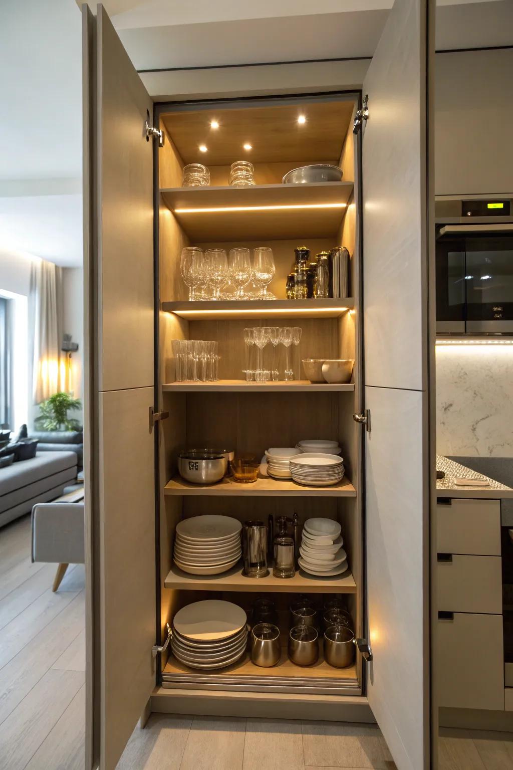 Integrated lighting in a narrow cabinet enhancing visibility and ambiance.