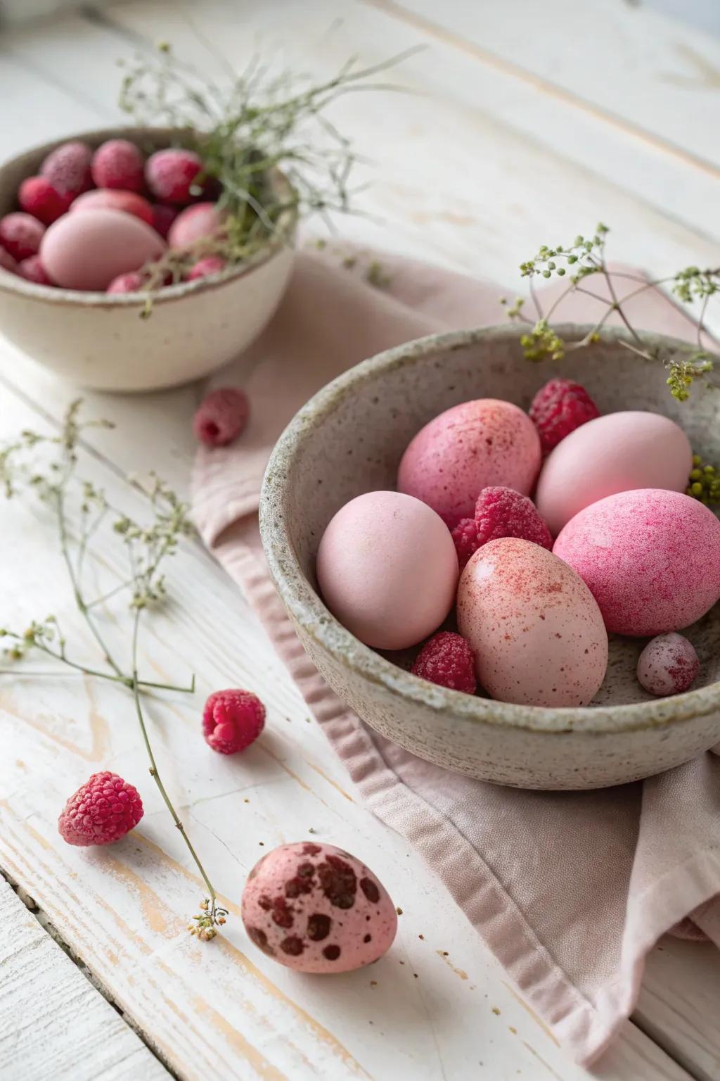 Capture the essence of spring with these beautifully raspberry-dyed eggs, a perfect blend of simplicity and natural charm.