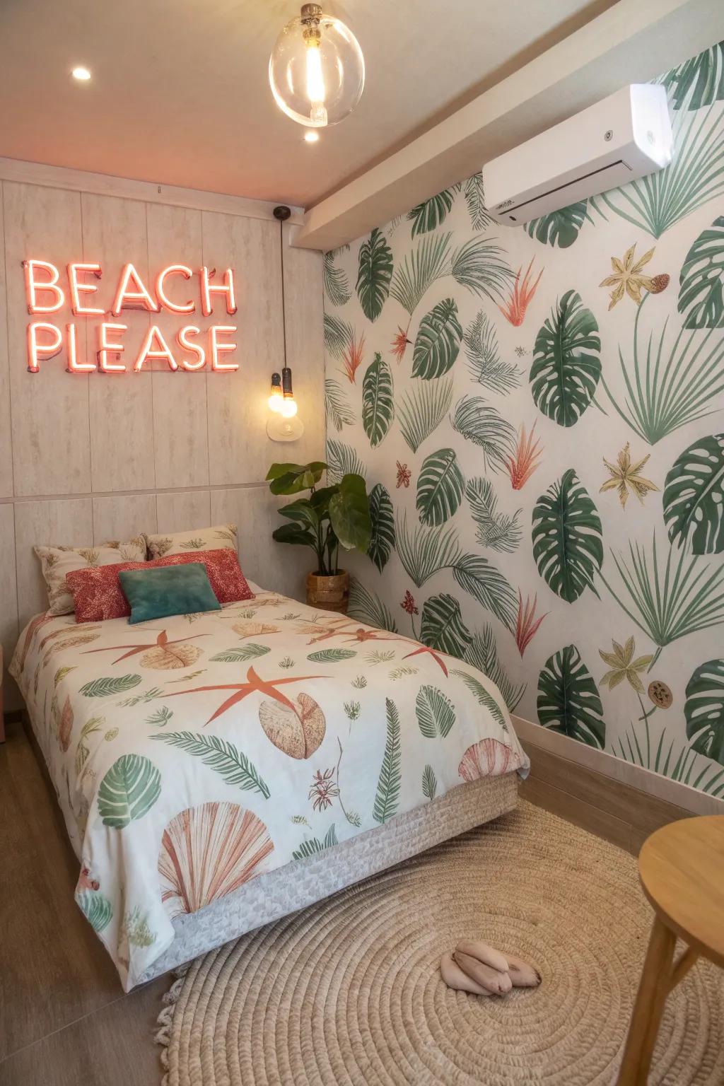 A thematic neon sign completes a beach-themed guest room.