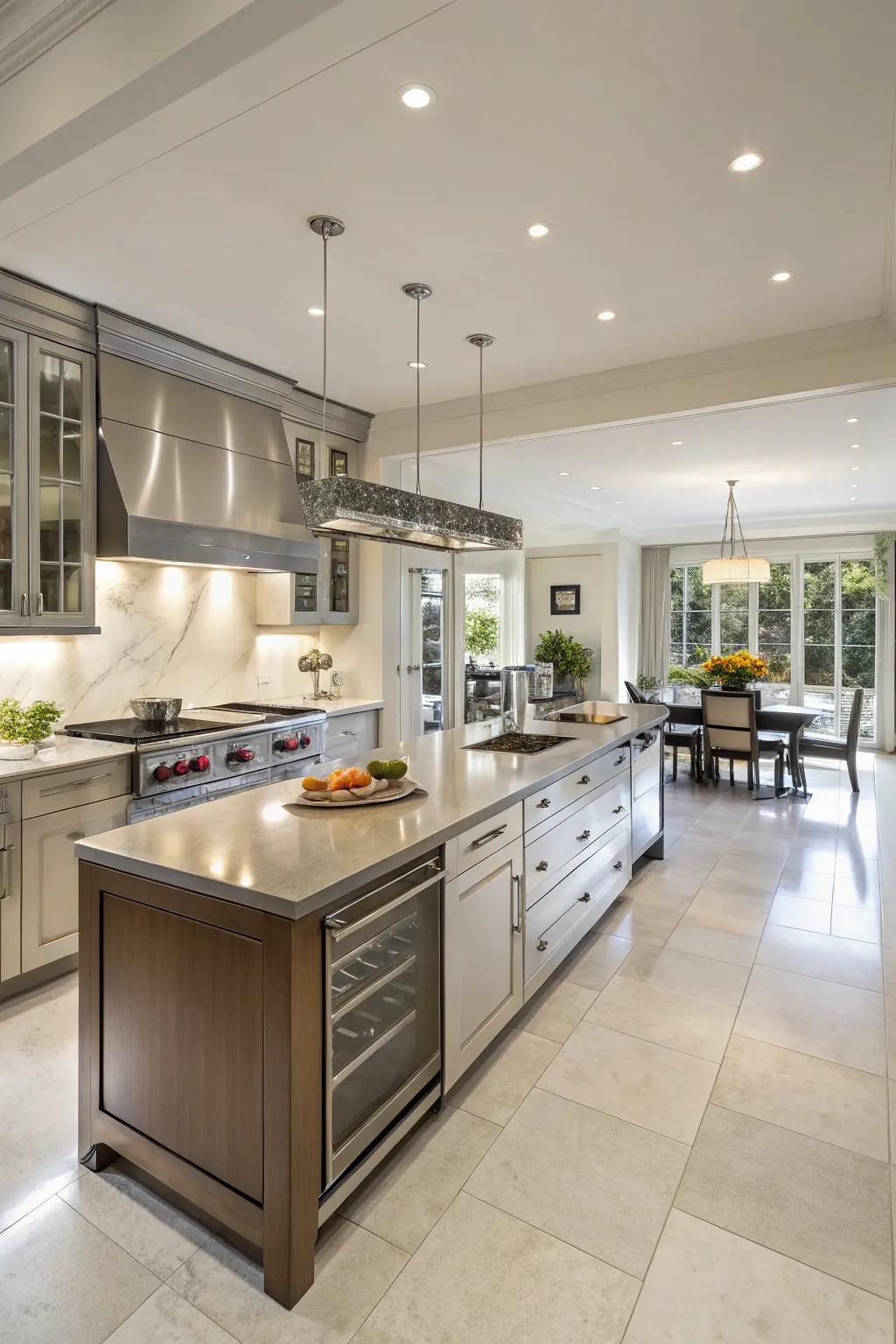A spacious kitchen with twin islands, ideal for cooking and entertaining.