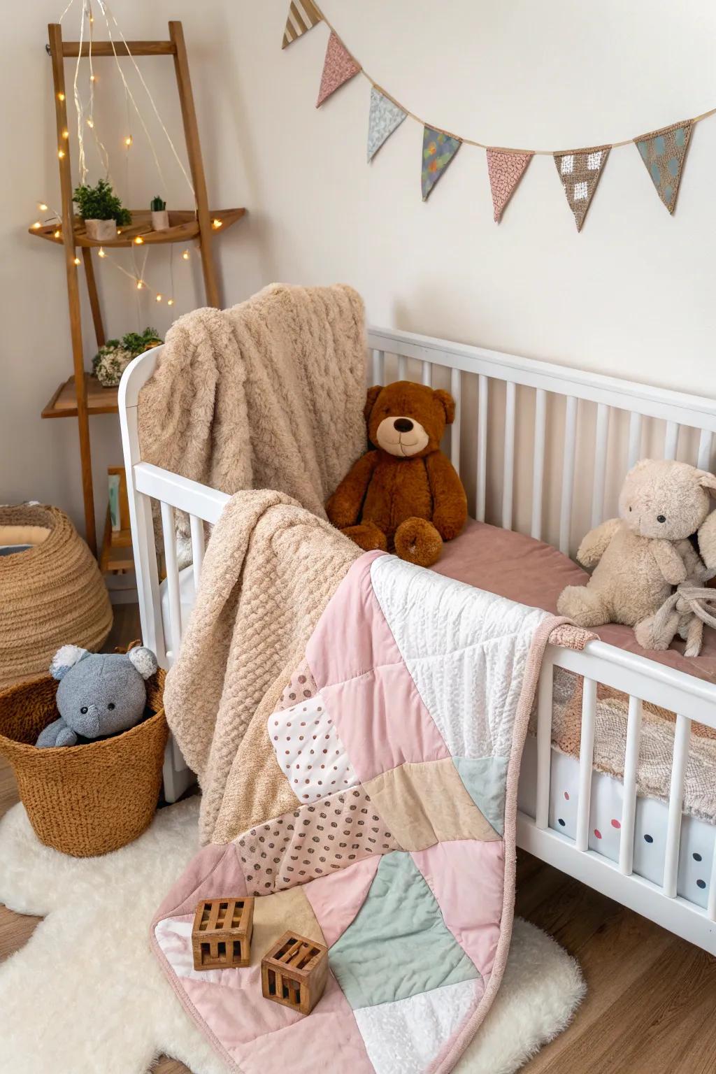 Soft textures enhance the coziness of the nursery nook.