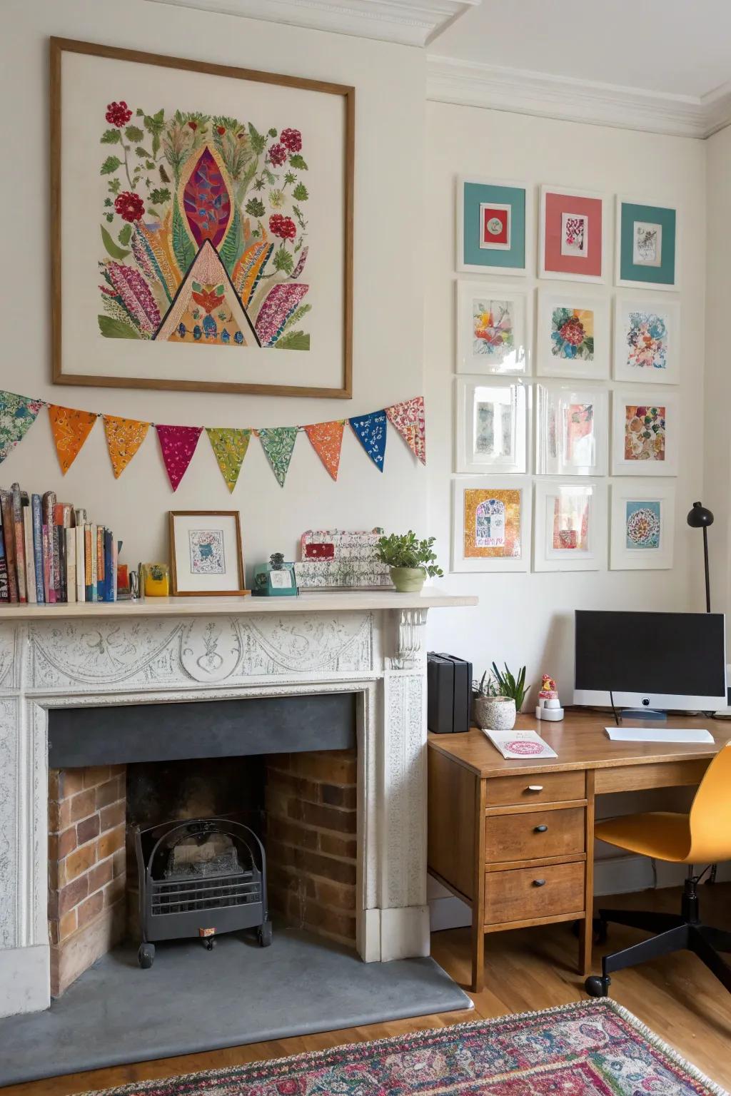 Colorful decor enlivens the office space.