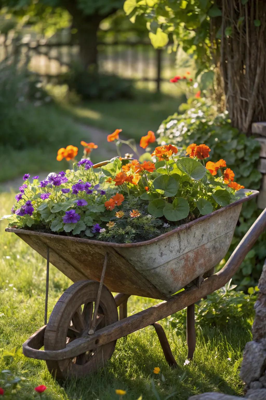 Transform your garden with this charming edible flower wheelbarrow centerpiece.