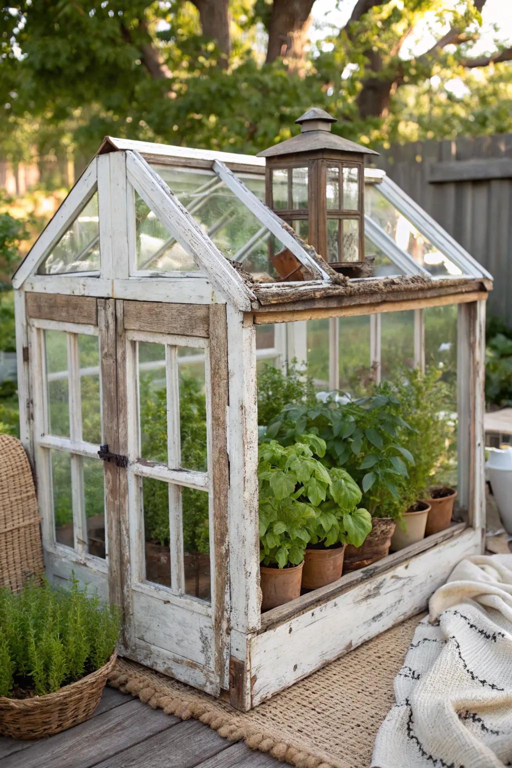 Transform old windows into a charming greenhouse for a touch of natural beauty in your garden.